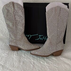 Betsey Johnson Rhinestone Cowboy Boots Silver Crystal Western Boots Size 7.5 New